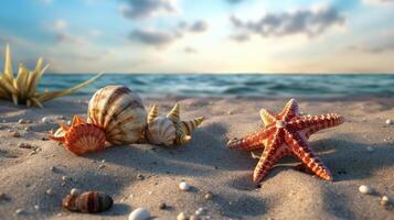 twee zeester en schelpen Aan een leeg strand. generatief ai foto