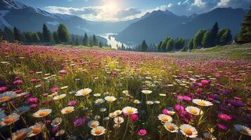 mooi kleurrijk bloem kosmos velden met vervagen berg achtergrond. generatief ai foto