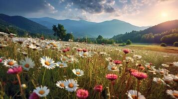mooi kleurrijk bloem kosmos velden met vervagen berg achtergrond. generatief ai foto