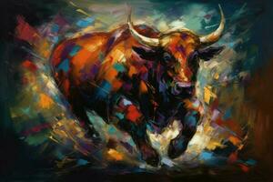 ai gegenereerd expressionistisch afbeelding van een opladen stier, met vetgedrukt, dynamisch penseelstreken en intens kleuren. foto