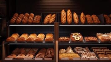 bakkerij vitrine met heerlijk vers gebakjes, broodjes, brood, lang brood en taarten. perari of koffie winkel teller met smakelijk goederen gelegd uit. ai gegenereerd foto