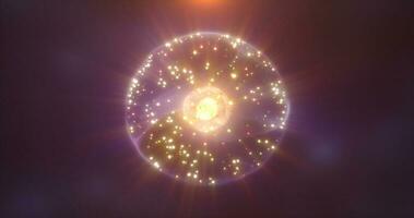 abstract energie gebied met vliegend gloeiend geel helder deeltjes, wetenschap futuristische atoom met elektronen hi-tech achtergrond foto