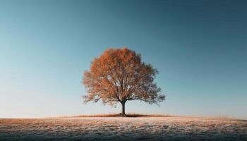 rustig herfst weide, boom kofferbak, terug lit gegenereerd door ai foto