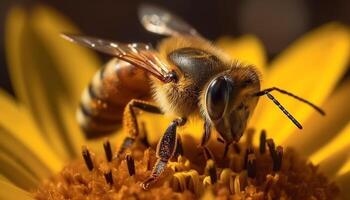 bezig honing bij verzamelen stuifmeel van bloem gegenereerd door ai foto