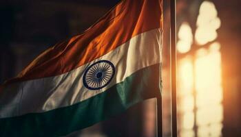golvend Indië vlag in zonsondergang, patriottisch trots gegenereerd door ai foto