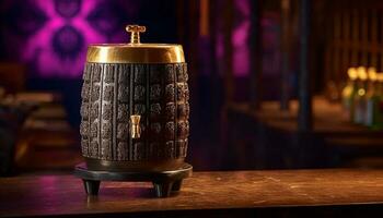 houten vat houdt oud fashioned whisky in vaag lit distilleerderij kelder gegenereerd door ai foto
