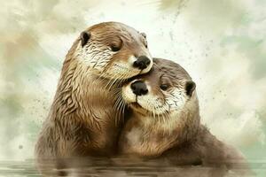 ai gegenereerd liefde tussen deze twee otters is evident in de manier ze knuffelen en bruidegom elk ander. waterverf schilderen. foto