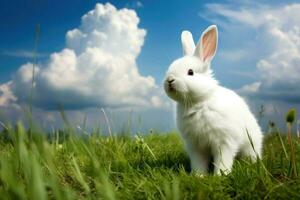 ai gegenereerd pluizig wit konijn staand in een veld- van groen gras, met een helder blauw lucht en pluizig wit wolken in de achtergrond. foto