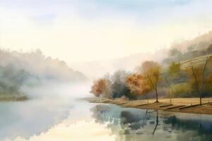 ai gegenereerd de nevelig ochtend- mist gaf de waterverf schilderij een etherisch kwaliteit. foto