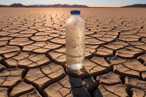 ai gegenereerd water fles staand in droog meer woestijn bodem. foto