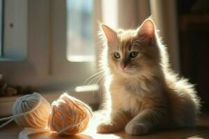ai gegenereerd aanbiddelijk pluizig katje spelen met een bal van garen, in een Pastelkleurige kamer met een venster dat laten we in warm zonlicht. foto