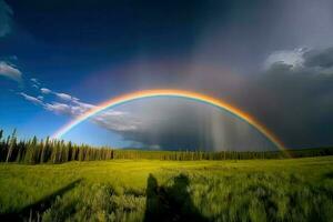 ai gegenereerd regenboog in de lucht is een verbijsterend Scherm van levendig kleuren. foto