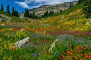ai gegenereerd levendig kleuren van de wilde bloemen puntjes de landschap brengen leven naar de wildernis. foto