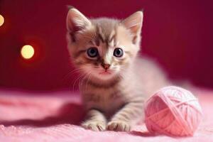 ai gegenereerd aanbiddelijk katje spelen met een bal van garen, reeks tegen een helder roze achtergrond met glinsterende sterren. foto