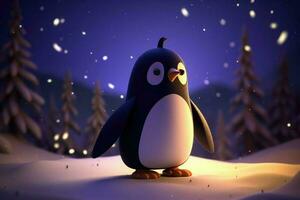 ai gegenereerd 3d tekenfilm aanbiddelijk pinguïn waggelen aan de overkant een besneeuwd landschap met een sterrenhemel nacht lucht bovengronds. foto