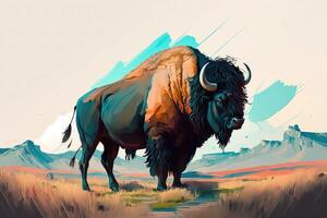 ai gegenereerd de bizon begraasd vredig in de enorm uitgestrektheid van de Super goed vlaktes, omringd door rollend heuvels en ver weg bergen. inkt kleur schilderen. foto