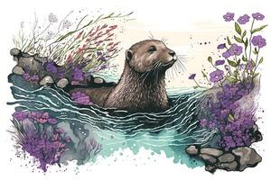 ai gegenereerd speels Otter dartelde in een stroom omzoomd door bloeiend lavendel. inkt kleur schilderen. foto
