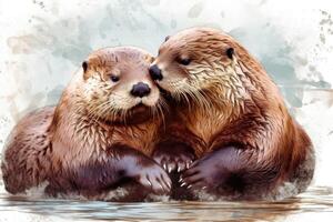 ai gegenereerd liefde tussen deze twee otters is evident in de manier ze knuffelen en bruidegom elk ander. waterverf schilderen. foto