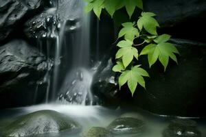 ai gegenereerd dichtbij omhoog van een waterval met bladeren en rotsen. foto