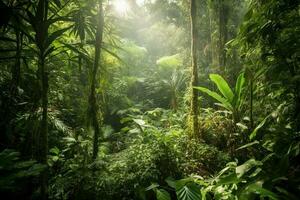ai gegenereerd oerwoud is huis naar veel bijzonder en bedreigd soorten van planten. foto