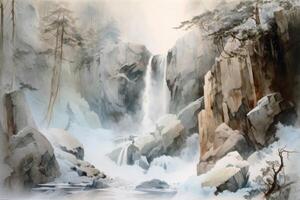 ai gegenereerd de trapsgewijs watervallen in de waterverf schilderij keek Leuk vinden ze waren bevroren in tijd. foto