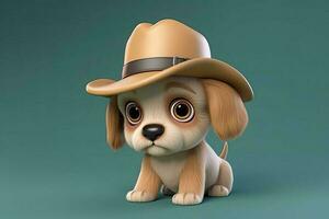 ai gegenereerd 3d tekenfilm portret van schattig baby hond detective slijtage hoed. foto