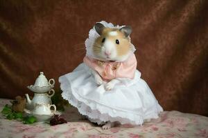 ai gegenereerd portret van hamster slijtage hulp in de huishouding kleding. foto