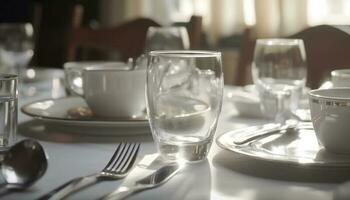 luxe dining tafel reeks met elegant zilverwerk en glaswerk gegenereerd door ai foto