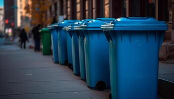 blauw recycling symbool Aan oud metaal vuilnis bak in stad straat gegenereerd door ai foto