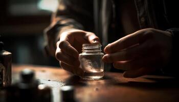 een Mens Holding fles, werken met hout in werkplaats gegenereerd door ai foto