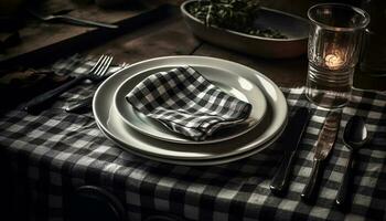 rustiek tafel instelling met elegant serviesgoed en zilverwerk Aan hout gegenereerd door ai foto