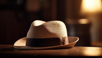 zomer elegantie modern fedora en rustiek rietje hoed Aan tafel gegenereerd door ai foto