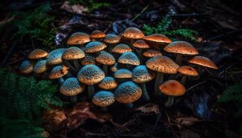 herfst Woud groei eetbaar paddestoel pet gevlekte in dichtbij omhoog gegenereerd door ai foto