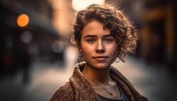 een jong vrouw, zelfverzekerd en in de mode, staand buitenshuis in herfst gegenereerd door ai foto