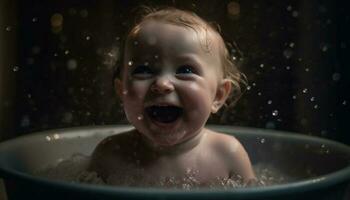 schattig Kaukasisch kleuter genieten van bubbel bad in huiselijk badkamer gegenereerd door ai foto