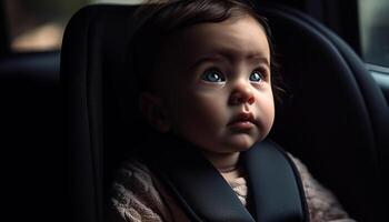 schattig baby zittend in auto stoel, op zoek Bij camera met geluk gegenereerd door ai foto