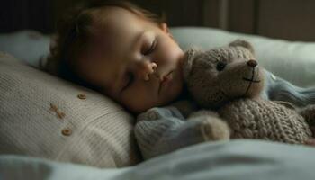 schattig Kaukasisch baby slapen vredig met teddy beer in slaapkamer gegenereerd door ai foto