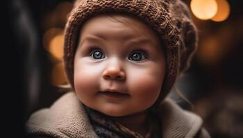 vrolijk baby jongen lachend, op zoek Bij camera in warm breien hoed gegenereerd door ai foto