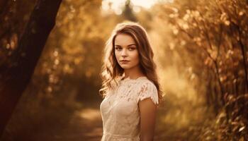 een jong vrouw staand in natuur, uitstralend schoonheid en elegantie gegenereerd door ai foto