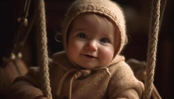 schattig baby jongen swinging buitenshuis, glimlachen en op zoek Bij camera gegenereerd door ai foto