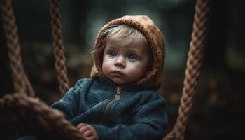 schattig Kaukasisch kleuter jongen swinging buitenshuis in warm winter jasje gegenereerd door ai foto