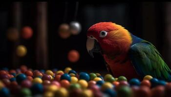 schattig ara neerstrijken Aan tak, op zoek Bij camera met bek gegenereerd door ai foto