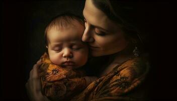 sereen moeder omarmen pasgeboren dochter, een portret van onschuld en liefde gegenereerd door ai foto