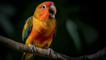 levendig ara neerstrijken Aan tak, veren multi gekleurde in natuur gegenereerd door ai foto