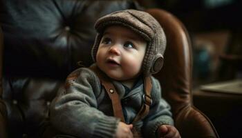 schattig baby jongen zittend Aan bank, glimlachen voor portret binnenshuis gegenereerd door ai foto