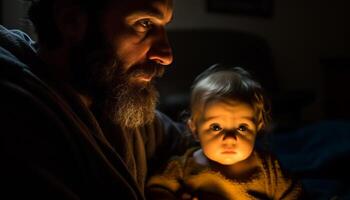 vader en zoon omarmen, uitstralend liefde en geluk binnenshuis gegenereerd door ai foto