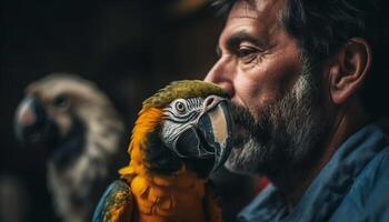 glimlachen Mens met baard houdt schattig dier in natuur schoonheid gegenereerd door ai foto