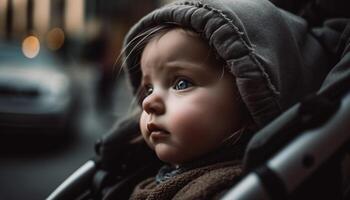 schattig baby jongen glimlachen in auto, onschuld en geluk gevangen genomen gegenereerd door ai foto