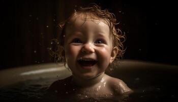 schattig Kaukasisch kleuter genieten van bubbel bad, glimlachen en spatten water gegenereerd door ai foto