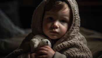 schattig Kaukasisch jongen glimlachen met teddy beer in winter portret gegenereerd door ai foto